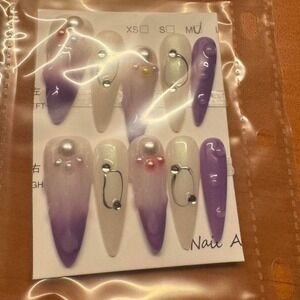 Press On Nails Purpe Ombre Pearl Studded Accent Nail Art False Nails